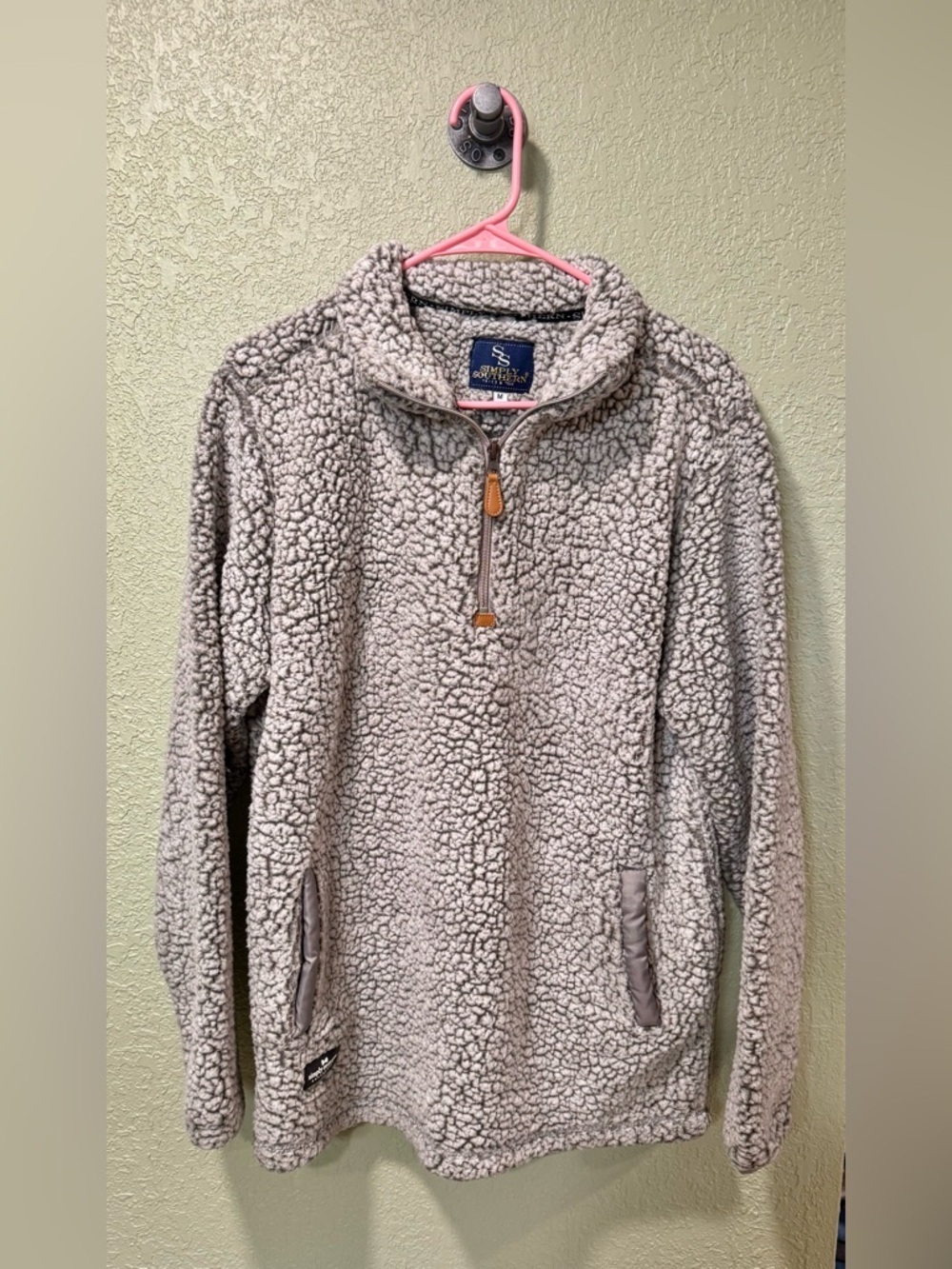 Simply Southern Sherpa Quarter-Zip Pullover - Light Gray Taupe M